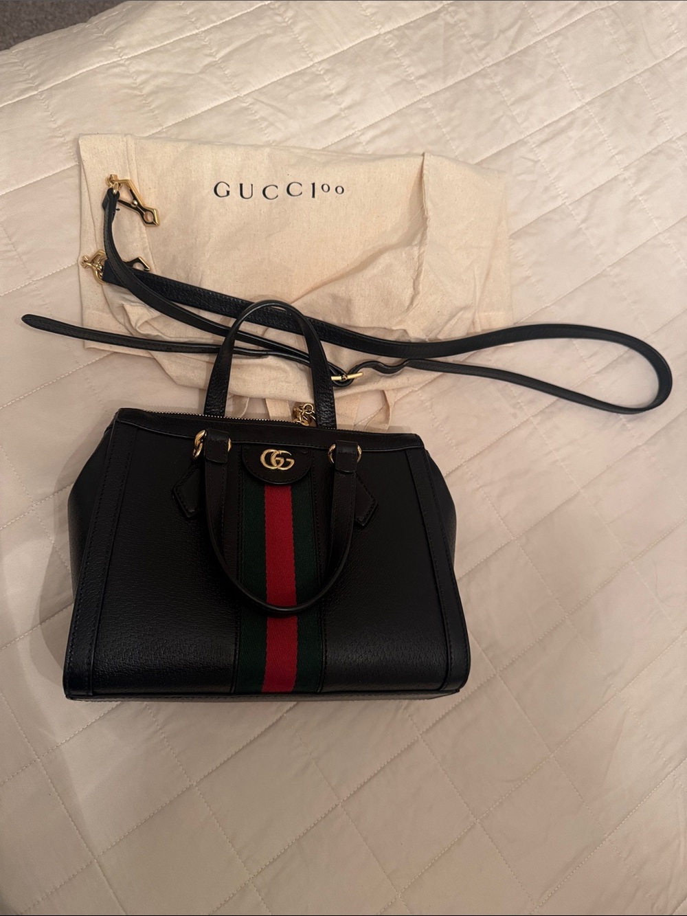 Gucci Black Leather Satchel with Green and Red Web Stripe